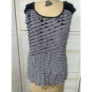 AB Studio Black White Sleeveless Ruffle Front Blouse Poly Blend Large